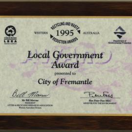 Framed Certificate - Recycling and Waste Reduction Award 1995