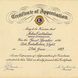 Certificate - Lions International to Mayor Cattalini