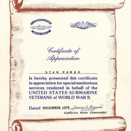 Certificate of Appreciation from the U.S Submarine Veterans World War II