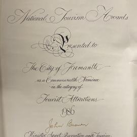 Certificate - National Tourism Awards 1986