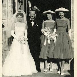 Bridal party outside church - Lynda Edwards (nee Draper?), father with bridesmaids