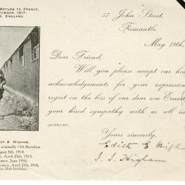 Card dated 18-05-1918 - Loss of Lieut Ernest A. Higham. Addressed to Edith Higham and J.J. Higham. 57 John Street, Fremantle. 